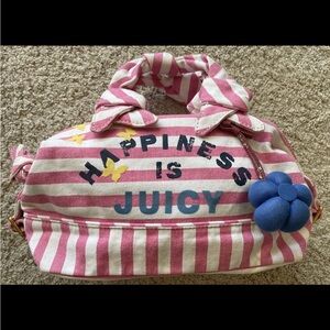 VINTAGE RARE Juicy Couture Pink Striped “Happiness Is Juicy” Canvas Cotton Purse
